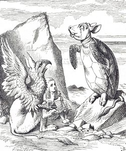 Alice, Mock Turtle a Gryphon z Alenčina dobrodružství v říši divů od John Tenniel
