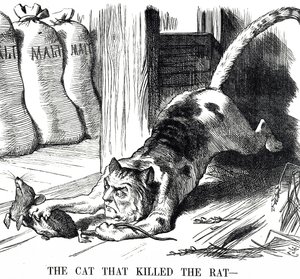 Kreslený komentář ke zrušení sladové daně v roce 1880 od John Tenniel