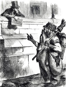 Kreslený komentář o špinavosti Temže a vyšetřování úplatků během voleb v Great Yarmouth, Reigate a Lancaster od John Tenniel