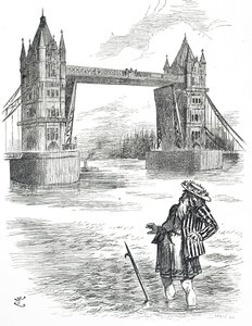 Karikatura zobrazující otce Thamese obdivujícího Tower Bridge v Londýně od John Tenniel