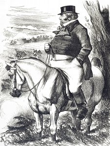 Karikatura zobrazující Johna Bulla, jak sleduje podzimní manévry od John Tenniel