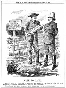 Cecil John Rhodes (1852-1902) Jihoafrický státník anglického původu, žádající německého císaře o povolení vést telegrafní linku přes německou východní Afriku. Cape To Cairo, karikatura od Johna Tenniela z 