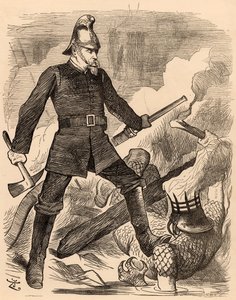 Eyre Massey Shaw bojující s ohněm, z "Punch" Londýn, 20. srpna 1887 (rytina) od John Tenniel