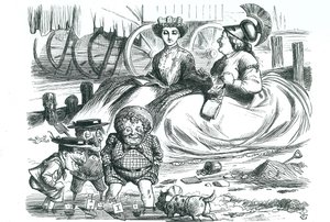 Francie a Británie sledují děti (John Bull, pan Punch a Napoleon III). Letos to bylo 50 let míru mezi Francií a Británií a začátek Entente Cordiale. Karikatura Johna Tenniela z 