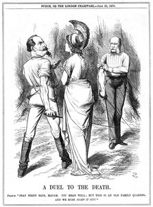 Francouzsko-pruská válka 1870-1871: Britannia se snaží zabránit Napoleonovi III v zahájení války s Německem. Francouzská deklarace doručena do Berlína 19. července, proklamace 23. července. John Tenniel karikatura z Punch, Londýn, 23. července 1870. Rytina od John Tenniel