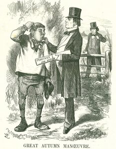 Great Autumn Manoeuvre: Gladstone si myslel, že nakonec musí být hlas udělen zemědělským dělníkům (Hodge). V této době byl jeho premiérský úřad nejistý a Disraeli čeká, až zaujme jeho místo. John Tenniel karikatura z Punch, Londýn, 9. srpna 1873. od John Tenniel