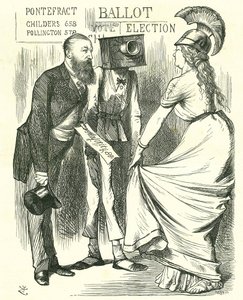 Hugh Childers (1827-1896) britský poslanec, vyprávějící Britannia o úspěchu nové volební urny. Karikatura Johna Tenniela z 