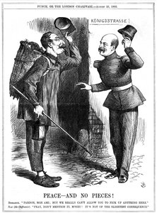 Napoleon III., francouzský císař 1852-1870, oblečený jako hadr (Chiffonnier), varován Otto von Bismarckem, pruským kancléřem. Napoleonovy územní ambice vedly k francouzsko-pruské válce v letech 1870-71. Karikatura Johna Tenniela z Punch, Londýn, 25. srpna od John Tenniel