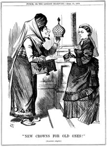 Nové koruny pro staré!, Benjamin Disraeli nabízející korunu Indie královně Viktorii, 1876 od John Tenniel