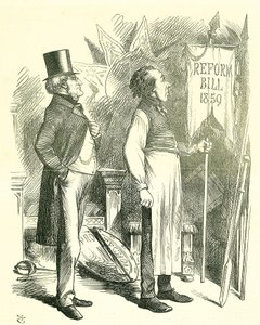 Politická ekonomie: Reforma parlamentu - rozšíření franšízy. Disraeli (kancléř) a Derby (premiér) oprašují reformní zákon. V roce 1867 Disraeli představil nový zákon. John Tenniel karikatura z Punch, Londýn od John Tenniel