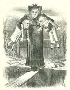 Polož dva a přenes jeden.?: Gladstone, britský premiér, ve sporu o to, který z kontroverzních irských zákonů zahodit. John Tenniel karikatura z Punch, Londýn, 3. dubna 1886. od John Tenniel