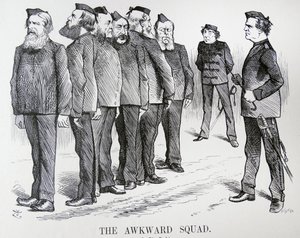 NETRAPNÁ DRUŽINA. Karikatura John Tenniel. Potíže, které měl Disraeli s různými názory ve svém kabinetu na politiku rusko-turecké války od John Tenniel