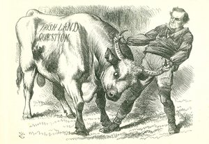Vzít (irského) býka za rohy: Návrh zákona prošel parlamentem 15. února 1870 a získal královský souhlas 8. července. William Gladstone, předseda vlády, zabývající se tímto problémem. John Tenniel karikatura z Punch, Londýn, 26. února 1870. od John Tenniel