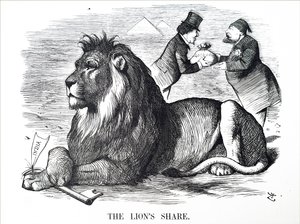 Britská vláda zmocňuje Rothschildy k odkupu akcií Suezského průplavu. od John Tenniel