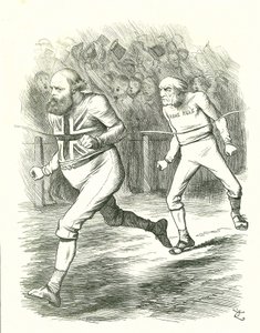 Konec: Všeobecné volby 1886. Gladstone (liberální) odjel do země kvůli svému zákonu o domově vládě pro Irsko. Salisbury (konzervativní opozice) poráží Gladstone až na cílové čáře. John Tenniel karikatura z Punch, Londýn od John Tenniel