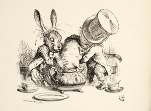 Šílený kloboučník a březnový zajíc vkládající plcha do konvice, z Alenky v říši divů od Lewise Carrolla (1832 - 98), hospoda. 1891 od John Tenniel