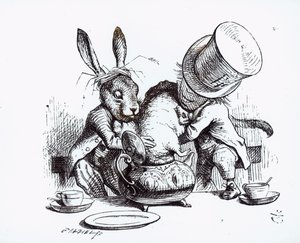 Šílený kloboučník a březnový zajíc vkládající plcha do konvice, ilustrace z 