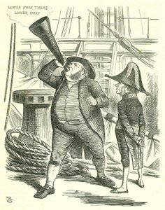 The Officious Passenger: Reform of Parliament - rozšíření franšízy. Předseda vlády, lord John Russell, žádá Johna Brighta, aby přestal vytrubovat reformní zákon. Russell poražen parlamentem o reformě zákona v květnu 1866. John Tenniel karikatura fr od John Tenniel
