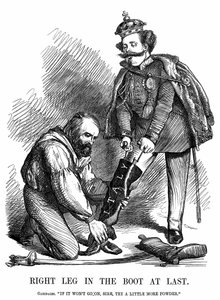 Sjednocení Itálie: Giuseppe Garibaldi (1807-1882) pomáhá Viktoru Emanuelovi II. (1820-78) nazouvat botu Itálie. John Tenniel karikatura z Punch, Londýn od John Tenniel
