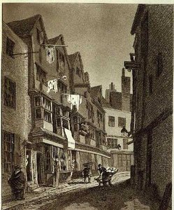 "Pohled na jižní konec Thieving Lane (z posledních let nazývaný Bow Street)...", nakresleno 1807, vyryto W.M. Kolegové, hospoda. 1807 (rytina) od John Thomas (after) Smith