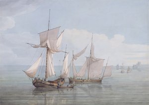 Hoy a Lugger s další zásilkou na klidném moři (wc, pero a černý inkoust na tkaném papíře)