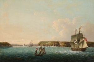 Pobřeží a vjezd do Brestu s lodí HMS Boadicea, která dává signál opakující fregatě o počtu francouzských a španělských lodí kotvících v přístavu.