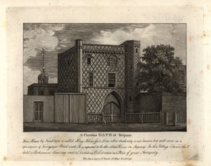 Zvláštní brána z pestrého zdiva zvaná St John Gate, nejstarší dům ve Stepney od John Thomas Smith