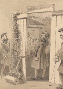 Hogarth, který je mimo svůj čas, kreslí postavu svého společníka na dveře určitého místa, k velkému obdivu všech svých přátel od John Thomas Smith