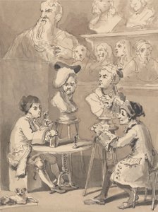 Hogarth sedí u Roubiliaca pro svou bustu od John Thomas Smith