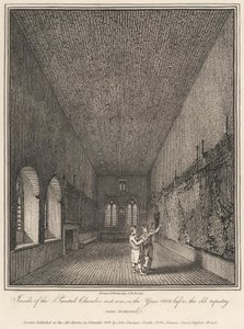 Uvnitř Malované komnaty, jak tomu bylo v roce 1800, než byla odstraněna stará gobelín od John Thomas Smith
