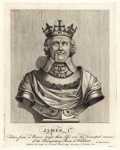 Anglický král Jakub I. sejmutý z bronzové busty nad vchodem do banketní místnosti ve Whitehallu od John Thomas Smith