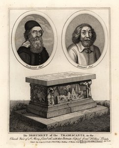 Oválné portréty přírodovědců a sběratelů Johna Tradescanta staršího a mladšího a jejich hrobový pomník na hřbitově St Mary Lambeth od John Thomas Smith