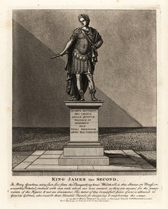 Socha anglického krále Jakuba II. v kostýmu římského císaře Jacobuse Seunduse, navržená Grinlinem Gibbonsem, v Privy Gardens