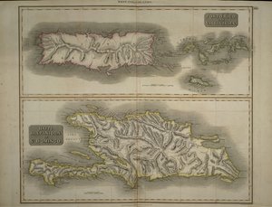 Porto Rico a Panenské ostrovy: Haiti, Hispaniola nebo St. Domingo, 1817 (ručně kolorovaná rytina) od John Thomson