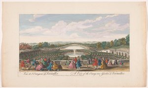 Pohled na pomerančovníky před oranžérií paláce ve Versailles Pohled na pomerančovou zahradu ve Versailles (název na objektu)