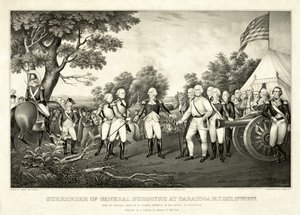Kapitulace generála Burgoyna v Saratoze, N.Y., 17. října 1777, pub. N. Currier od John Trumbull