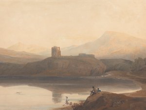 Jezero Llanberis s hradem Dolbadern od John Varley