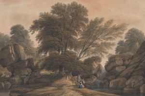 Figurky vedle vodopádu a jezírka v zalesněné krajině, 1812.