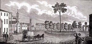 Centrální část Pittsfield, Massachusetts, z Historical Collections of Massachusetts, John Warner Barber, rytý S. E. Brown, 1839