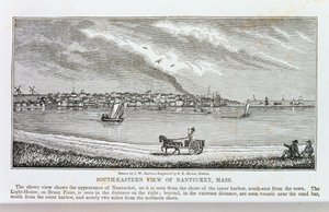 Jihovýchodní pohled na Nantucket, z „Historických sbírek Massachusetts“, John Warner Barber, rytý S. E. Brown, 1839