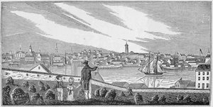 Jižní pohled na Charlestown, z „Historických sbírek Massachusetts“, John Warner Barber, rytý S. E. Brown, 1839