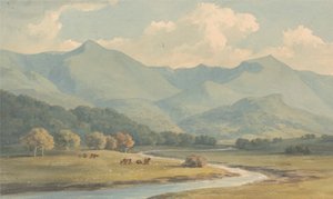 Carnedd Llewelyn a Carnedd David, Carnarvonshire, při pohledu přes řeku Ogwen od John Warwick Smith