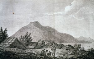 Uvnitř hrocha na ostrově Motuara, podle kresby Johna Webbera (1750-1793) z poslední plavby Jamese Cooka (1776-1779). rytina od John Webber