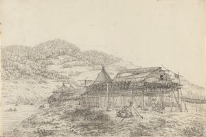 Balagans neboli letní obydlí, s metodou sušení ryb, u svatého Petra a Pavla, Kamtschatka od John Webber