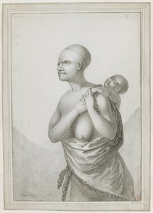 [Celá kresba] Tasmánská žena nesoucí dítě na zádech, s kůží přehozenou z levého ramene kolem pasu. ledna 1777 od John Webber