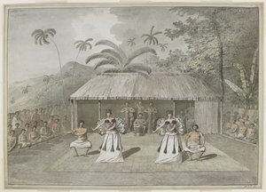 [Koko piirustus] Tanssi tai heiva Otaheitellä [Tahiti]. Kaksi miestä ja kaksi naista tanssivat, takana rumpali ja katsojia molemmilla puolilla. syyskuuta 1777 od John Webber
