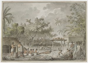 [Celá kresba] Lidská oběť na velké morai v Attahouroo [Utuaimahurau], Tahiti, svědkem kapitána Cooka dne 1. září 1777. Svázaná postava v popředí, s muži kopajícími díru pro tělo za zády a s tím, co obsahuje dva psy a thr od John Webber
