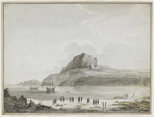 [Celá kresba] Pohled na Christmas Harbour, ostrov Kerguelen, s Discovery a Resolution kotvícími. Dva lodní čluny jsou venku, jeden námořník přistává na břehu. V popředí dvacet tučňáků ve skupinách a lachtan. 25.–30. prosince 1776 od John Webber
