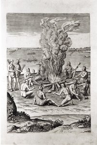 Indiáni se modlí u ohně, rytina z Hariotovy „Stručné a pravdivé zprávy z...Virginie“, 1590, vyryté Theodorem de Bry (1528-98) od John White