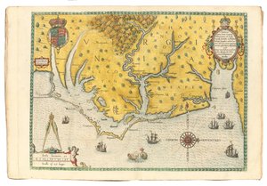 Mapa Virginie ukazující příjezd expedice sira Waltera Raleigha v roce 1585, 1590 od John White
